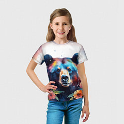 Футболка детская Портрет медведя гризли с цветами акварелью, цвет: 3D-принт — фото 2