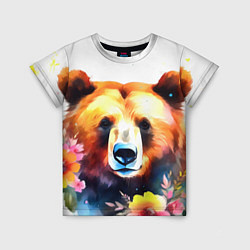 Детская футболка Морда медведя гризли с цветами акварелью