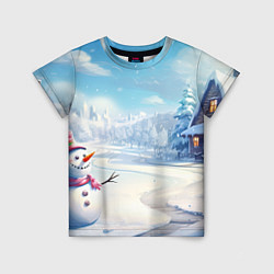 Детская футболка Новогодний пейзаж снеговик