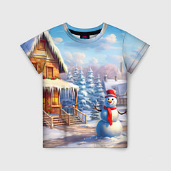 Детская футболка Новогодняя деревня и снеговик
