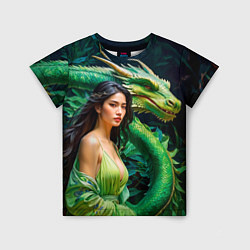 Детская футболка Нейросеть - девушка с зелёным драконом
