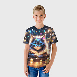 Футболка детская Кот с гирляндой среди новогодних украшений, цвет: 3D-принт — фото 2
