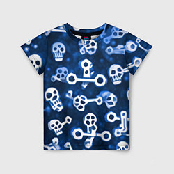 Детская футболка Белые черепки и кости на синем