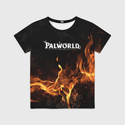 Детская футболка Palworld логотип на черном фоне с огнем