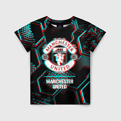 Детская футболка Manchester United FC в стиле glitch на темном фоне