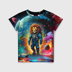 Детская футболка Лев космонавт в неоновом космическом пространстве