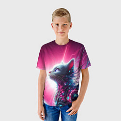 Футболка детская Космический кибер котёнок - неоновое свечение, цвет: 3D-принт — фото 2