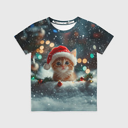 Футболка детская Новогодний котенок и снег, цвет: 3D-принт