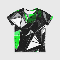 Футболка детская Зелёно-белые рельефные треугольники на чёрном фоне, цвет: 3D-принт