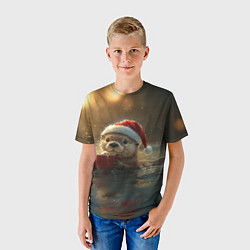 Футболка детская Выдра с кофе на новый год, цвет: 3D-принт — фото 2