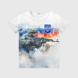 Футболка детская Русский солдат и синий герб РФ, цвет: 3D-принт
