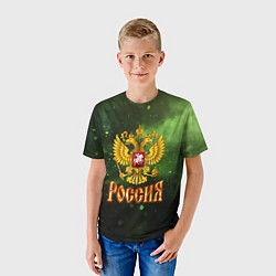 Футболка детская Герб России на зеленом с частицами фоне, цвет: 3D-принт — фото 2