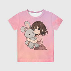 Футболка детская Девочка обнимает зайцика в аниме, цвет: 3D-принт