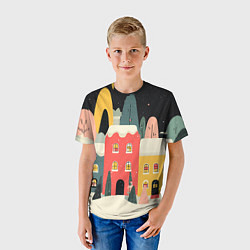 Футболка детская Разноцветные новогодние дома, цвет: 3D-принт — фото 2