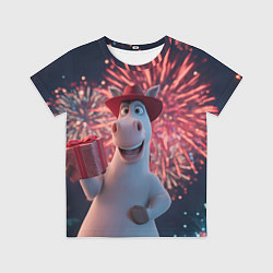 Детская футболка Лошадь с подарком на фоне салюта