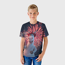 Футболка детская Лошадь с подарком на фоне салюта, цвет: 3D-принт — фото 2