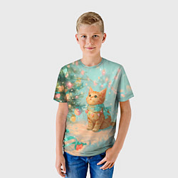 Футболка детская Милый рыжий котенок любуется елкой, цвет: 3D-принт — фото 2