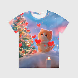 Футболка детская Рыжий котенок в сердечках у елочки, цвет: 3D-принт