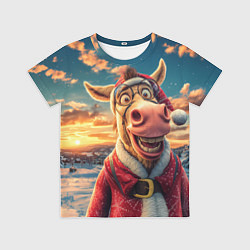 Детская футболка Новогодняя комическая лошадь в лесу