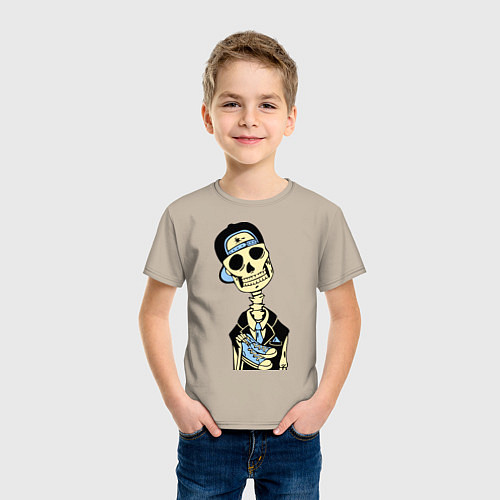 Детская футболка Скелет в кепке / Миндальный – фото 3