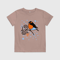 Футболка хлопковая детская Снегирь на ветке рябины, цвет: пыльно-розовый