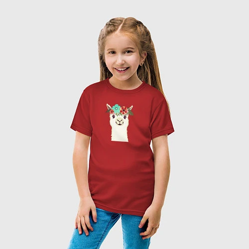 Детская футболка Милая лама альпака с цветами / Красный – фото 4