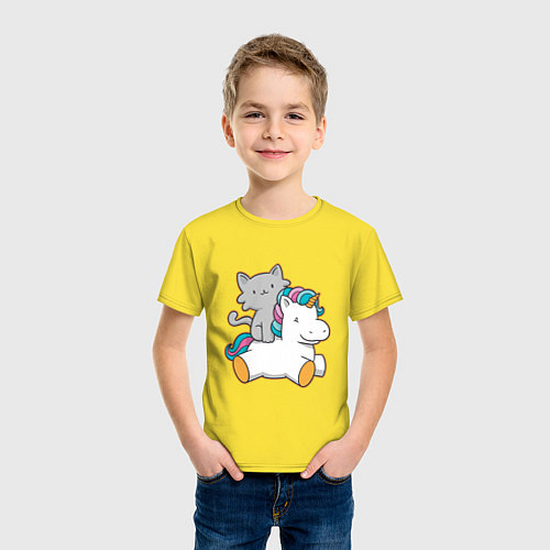 Детская футболка Котёнок верхом на единороге / Желтый – фото 3