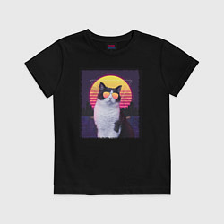 Футболка хлопковая детская Synthwave cat, цвет: черный