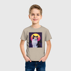 Футболка хлопковая детская Synthwave cat, цвет: миндальный — фото 2