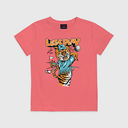 Футболка хлопковая детская Тигр игрок в гольф, цвет: коралловый