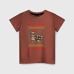 Футболка хлопковая детская Рождественский свитер Йоркшик, цвет: кирпичный