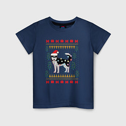 Футболка хлопковая детская Рождественский свитер Хаски, цвет: тёмно-синий