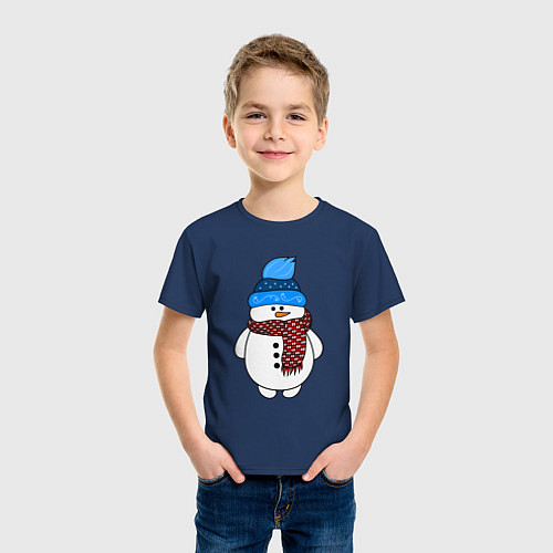 Детская футболка Снеговик в шапочке / Тёмно-синий – фото 3