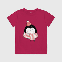 Футболка хлопковая детская МИЛЫЙ НОВОГОДНИЙ ПИНГВИН В ШАПКЕ, цвет: маджента