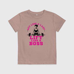 Футболка хлопковая детская Вести себя как леди, поднимать как босс, цвет: пыльно-розовый