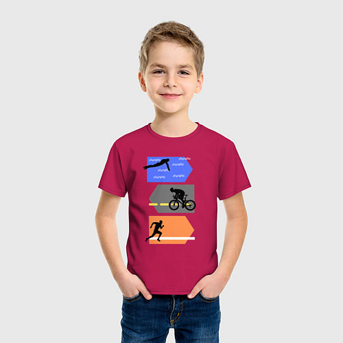 Детская футболка Триатлон - плыть, ехать, бежать / Маджента – фото 3