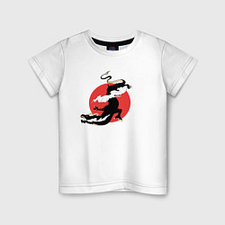 Футболка хлопковая детская Чёрный дракон на фоне красного солнца, цвет: белый
