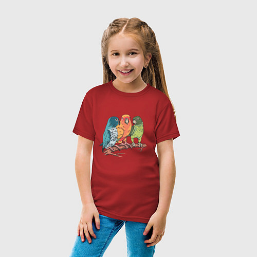 Детская футболка Три волнистых попугая на ветке / Красный – фото 4