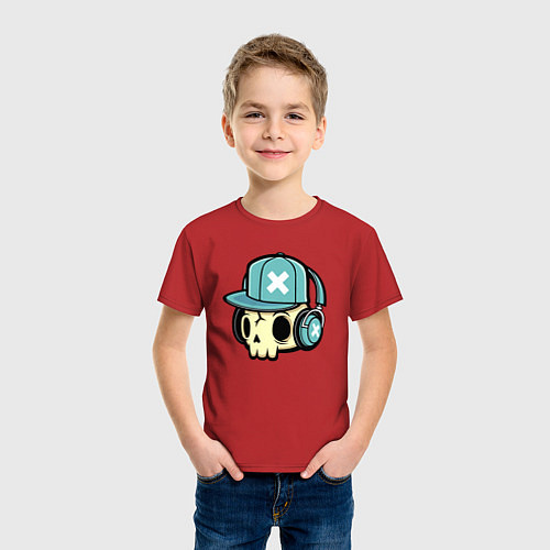 Детская футболка Прикольный черепок - меломан Cool skull - music lo / Красный – фото 3