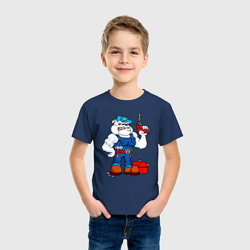 Детская футболка Бульдог с дрелью и инструментами / Тёмно-синий – фото 3