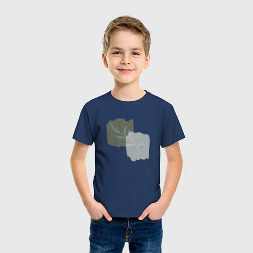 Детская футболка Ветка с листьями на сером фоне / Тёмно-синий – фото 3
