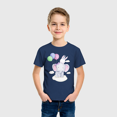 Детская футболка Милый Слонёнок и Крольчонок На Облаке / Тёмно-синий – фото 3