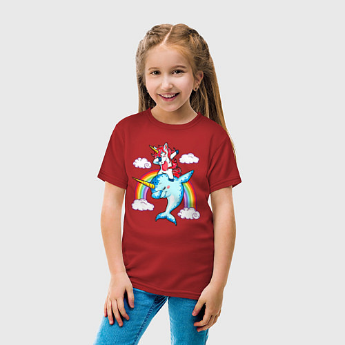 Детская футболка Единорог верхом на нарвале даббинг / Красный – фото 4