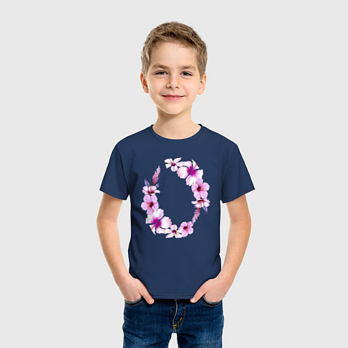 Детская футболка Цветы Венок Из Розовых Гибискусов / Тёмно-синий – фото 3