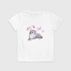 Футболка хлопковая детская Голубоглазый котенок и бабочки, цвет: белый