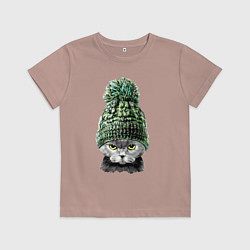 Футболка хлопковая детская Прикольный котяра в зимней лыжной шапке Cutie, цвет: пыльно-розовый