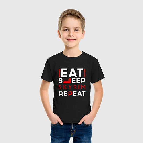 Детская футболка Надпись Eat Sleep Skyrim Repeat / Черный – фото 3