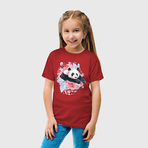 Детская футболка Панда среди летних цветов / Красный – фото 4
