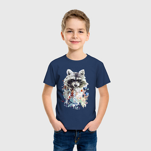 Детская футболка Мордочка енота - акварель / Тёмно-синий – фото 3