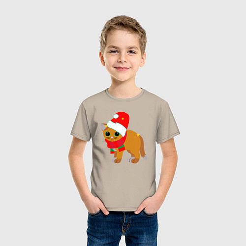 Детская футболка Оранжевый котик в праздничных шапке и шарфике / Миндальный – фото 3